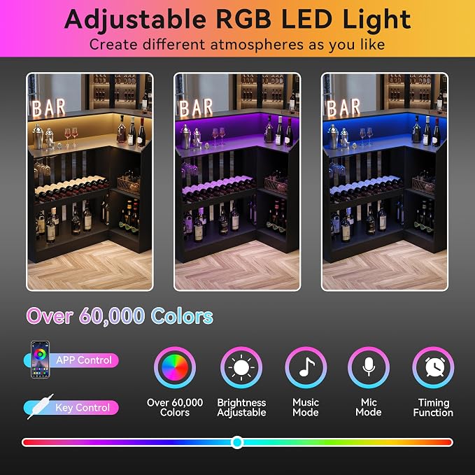 L Shaped Bar Table with LED Light, 4-Tier Corner Wine Bar Cabinet with Stemware - Image 5