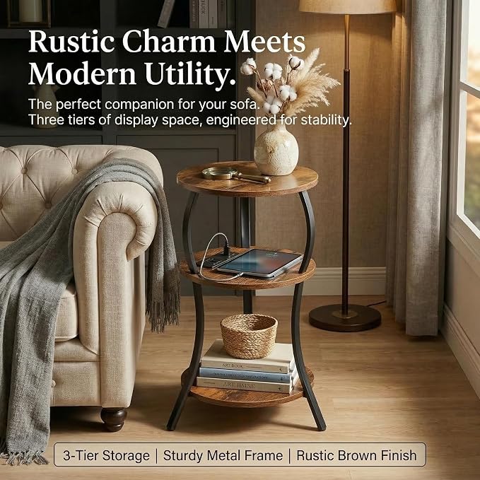 Small Round Side Table with Charging Station, 3-Tier Waist Circular End Table - Image 8