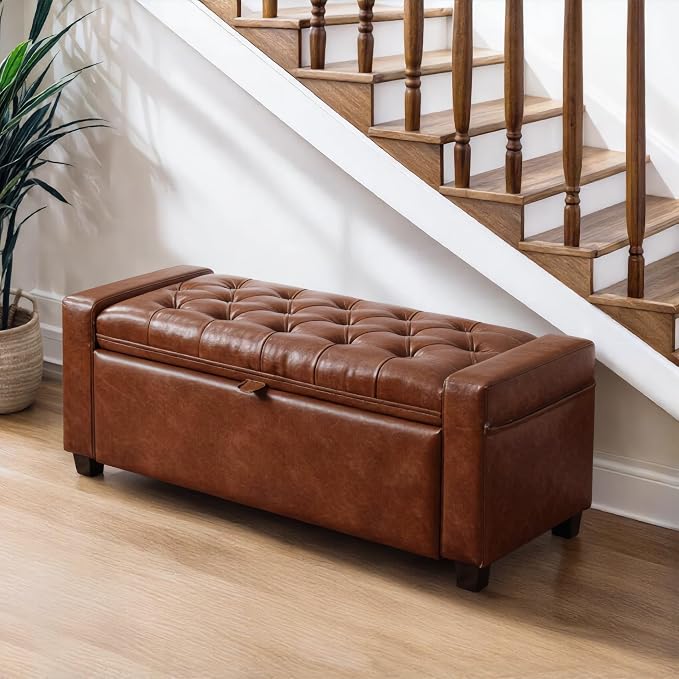 43.31'' Storage Ottoman Bench, Leather Upholstered Tufted Bedroom Bench - Image 9