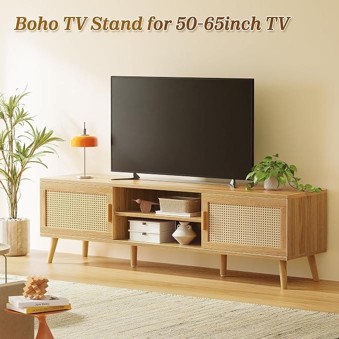 SUPERJARE Boho TV Stand for 75 Inch TV, Entertainment Center - Image 2