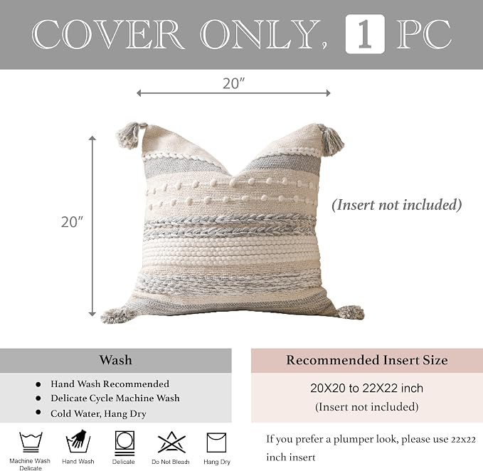 Gray Boho Decorative Throw Pillow Cover 20x20 Square Farmhouse Accent Cushion - Image 4