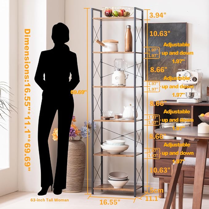 HCHQHS Narrow Bookshelf, Adjustable 6-Tier Industrial Bookcase, Rustic Open - Image 2