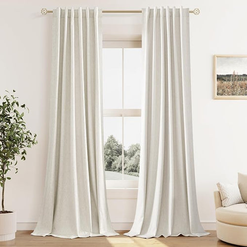 100% Blackout Linen Curtains for Bedroom 90 Inches Long Natural Cream Black Out by Guken