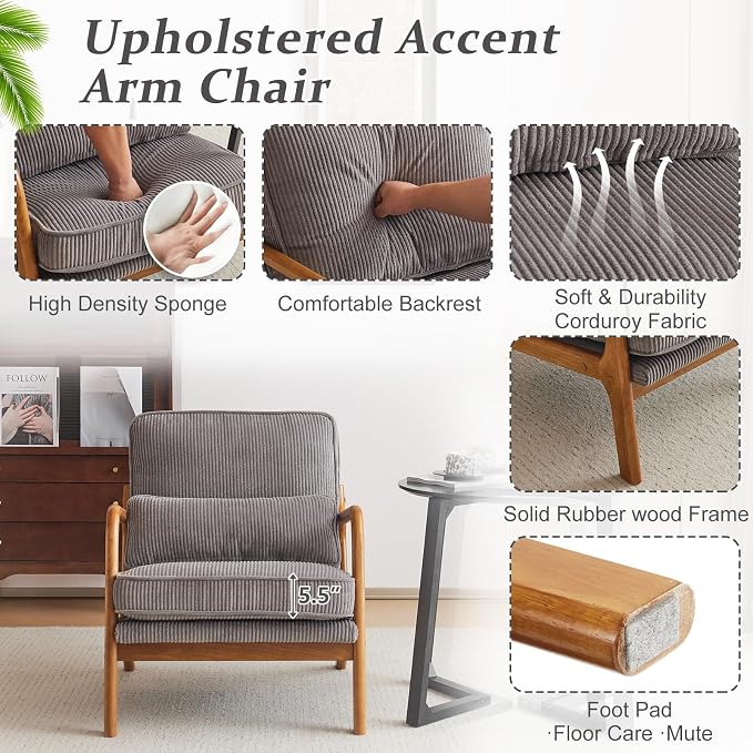 VINGLI Upgraded Premium Corduroy Accent Chair, Upholstered Arm Chair, Solid - Image 3