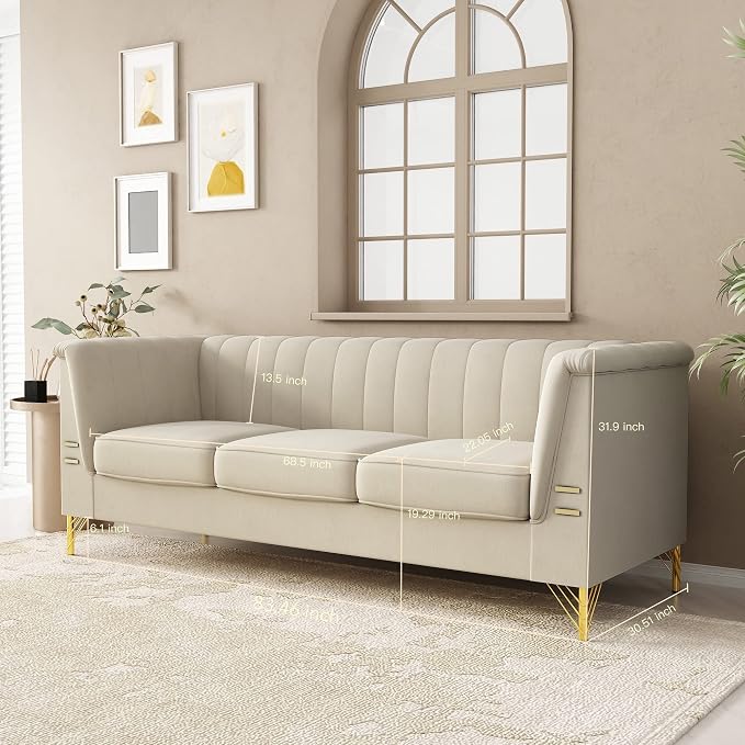83.46" W Beige Velvet Sofa Couch - Image 7