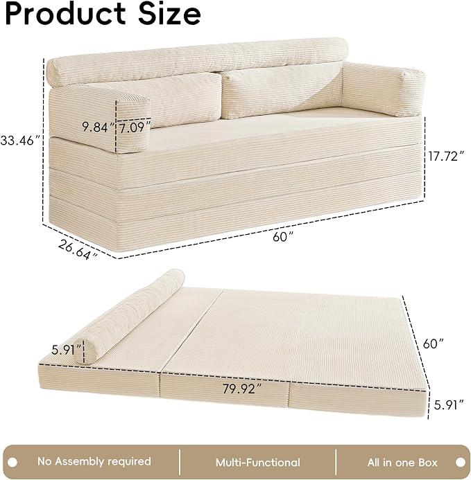 5-in-1 Convertible Sofa Bed, Corduroy Futon Couch Sleeper - Image 3