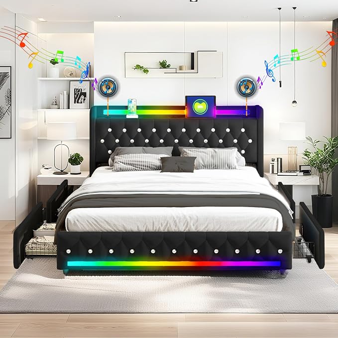 Music Player Full Bed with Bluetooth Speakers, USB&Type C Charging Ports by BIOEVER