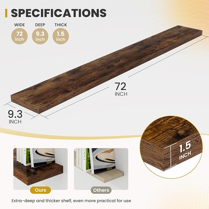 Acovy 72 Inch Floating Shelves, 9.3" Deep Floating Shelf Wall Mounted, Rustic - Image 3
