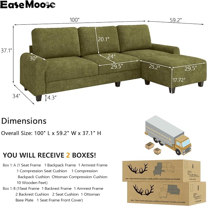 EASE MOOSE 100" Chenille L-Shaped Sectional Sofa, Modern Deep Seat Modular Couch - Image 2