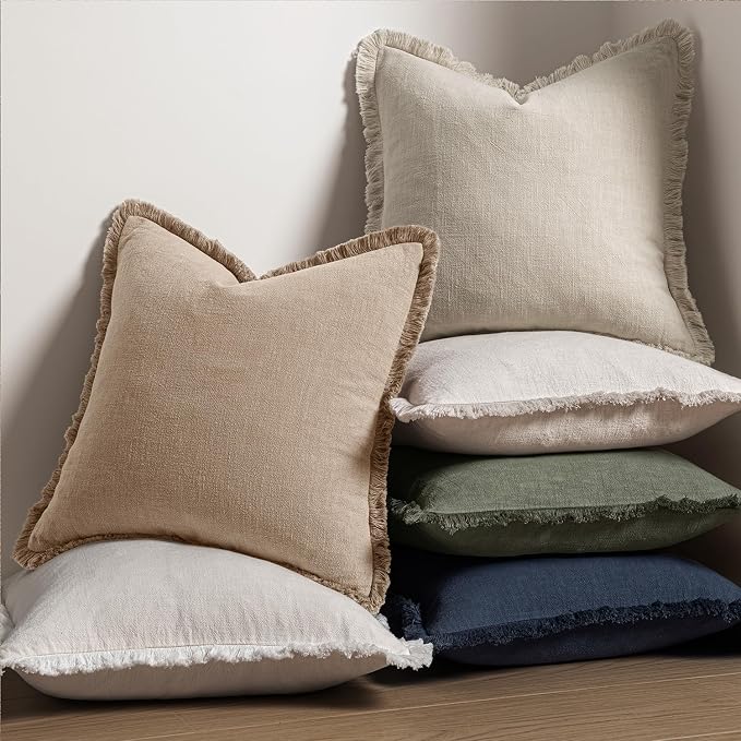 MIULEE Boho Linen Fringe Decorative Euro Throw Pillow Covers Camel 24x24 | Set - Image 5