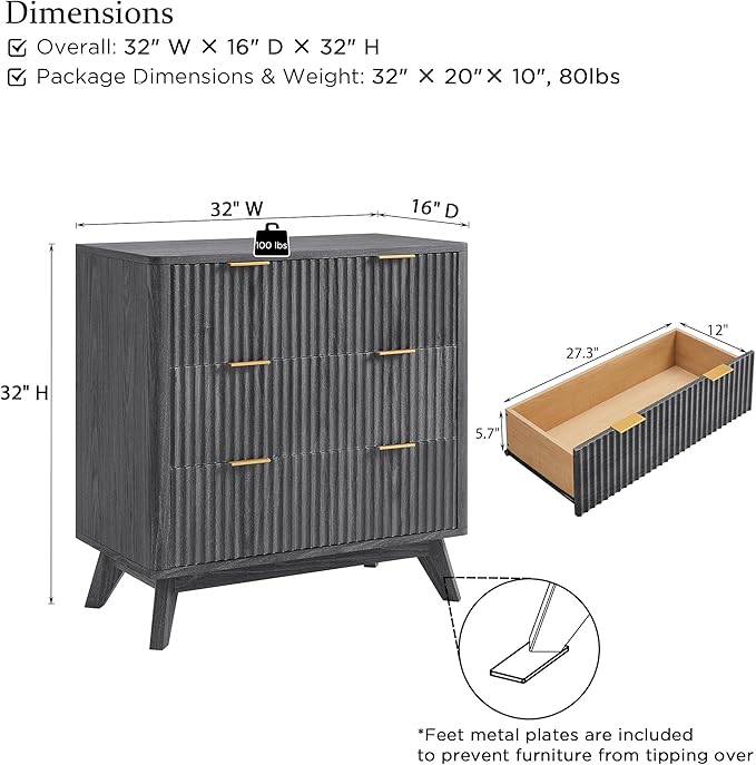 T4TREAM Fluted 3 Drawer Dresser, Curved Profile Design, Wood Drawer Organizer - Image 2