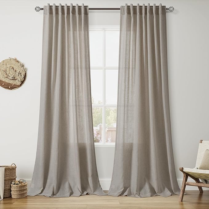Grey Beige Curtains for Living Room 120 Inches Long Linen Light Filtering Semi by Nanspring