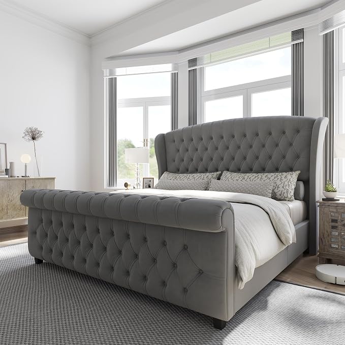 AMERLIFE King Size Platform Bed Frame, Velvet Upholstered Sleigh Bed by AMERLIFE
