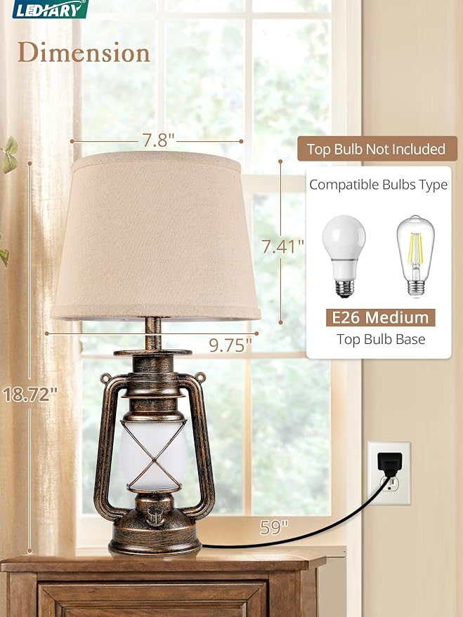 LEDIARY 18.72" Black Gold Vintage Lantern Flickering Flame Table Lamps - Image 5