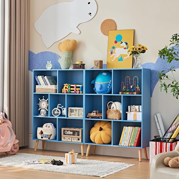 LEYAOYAO Cube Bookshelf 3 Tier Mid-Century Blue Modern Bookcase - Image 6