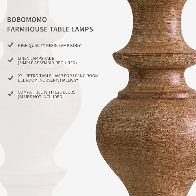 BOBOMOMO 27" Light Brown Table Lamps Set of 2, Large Farmhouse Resin Lamps - Image 2