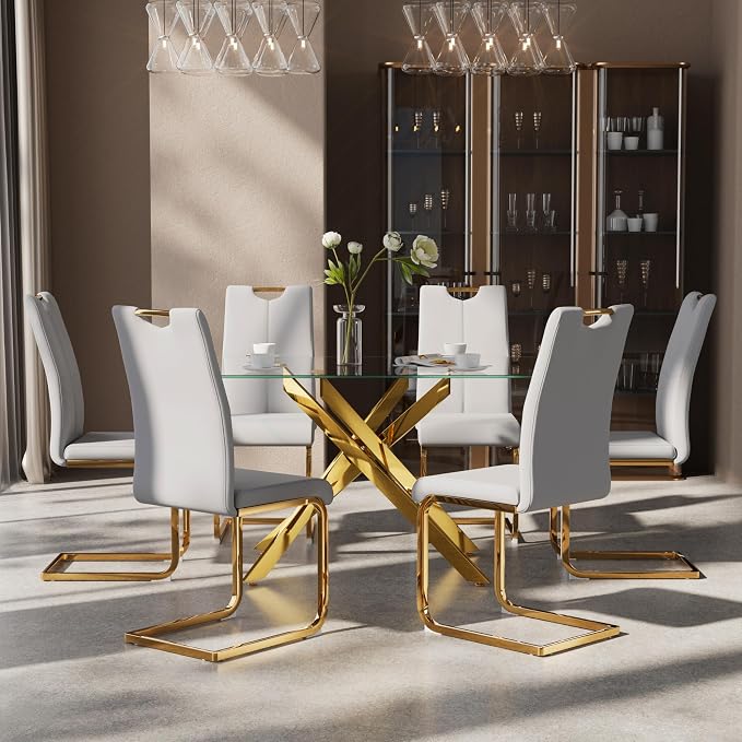 7-Piece Dining Table Set for 6, Modern Rectangular Glass Table - Image 3