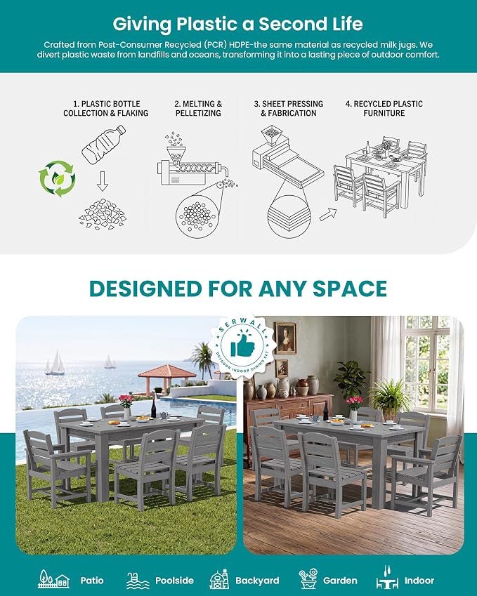 SERWALL HDPE Dining Set for 8: 2 Umbrella Hole Tables + 8 Chairs. Includes 8 - Image 7