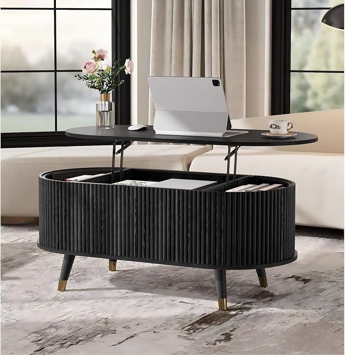 SULIVES Oval Coffee Table with Storage, Small Fluted Center Table - Image 7