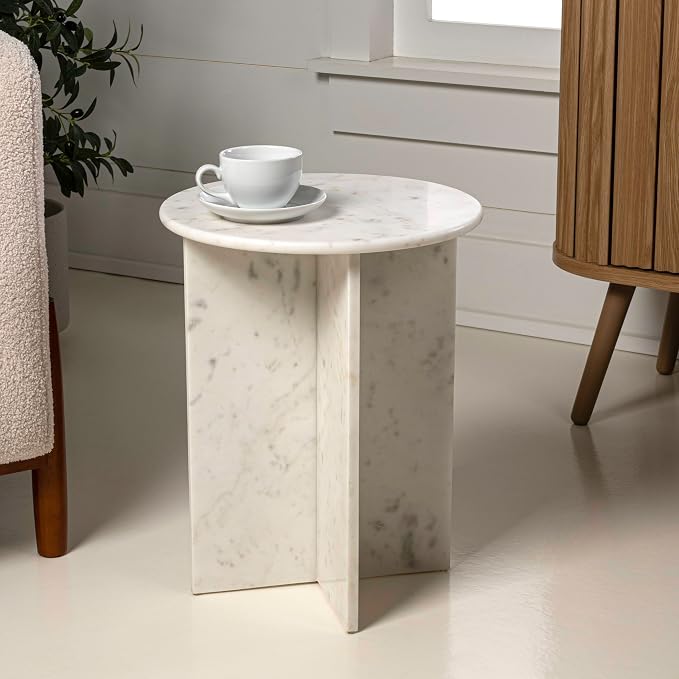 JONATHAN Y Javier Solid White Marble End Table, 17.75" Round Modern Accent Side by JONATHANY