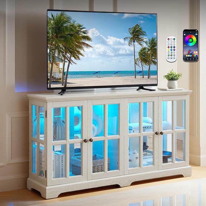 59" W LED Curio Cabinet with 7 Color Lights, Vintage Glass Display Case with by CKEASEANFurniture