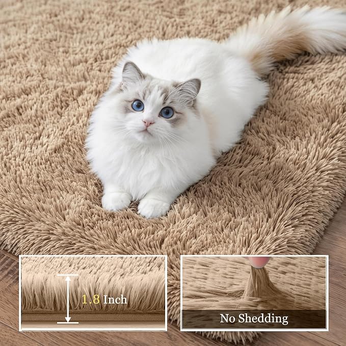 Area Rug Living Room Bedroom: 4x6 Fluffy Plush Shag Carpet Beige | - Image 5