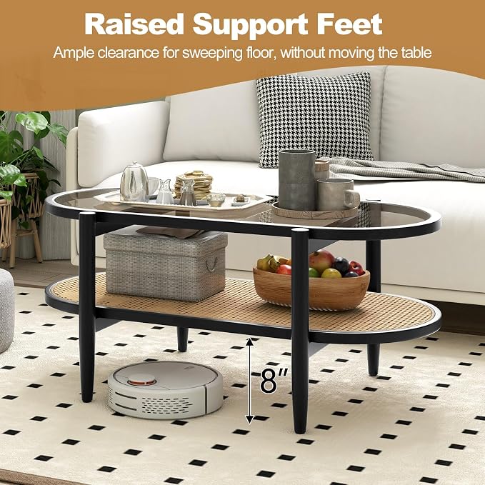 Giantex Rattan Coffee Table, 2-Tier Oval Wood Tea Table - Image 7