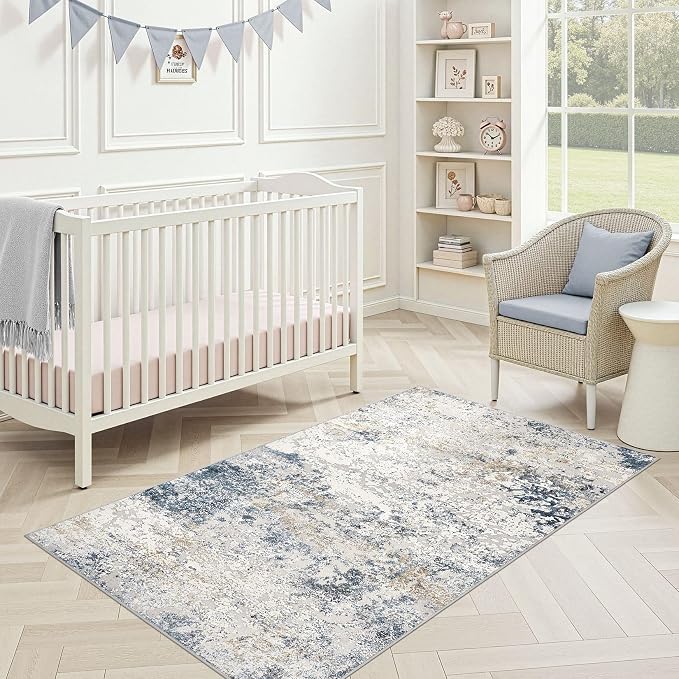 DMOYEST 3x5 Entryway Area Rug Washable Abstract Beige Blue Small Carpet | - Image 6