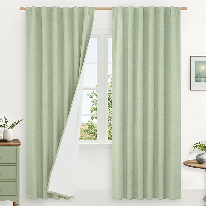 100% Blackout Natural Linen Curtains 72 Inches 2 Panels, Light Green | Room by LAMIT
