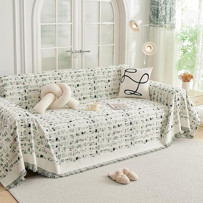 DREAMINGO Abstract Chenille Couch Cover Blanket Beige Green Black Boho Sofa by DREAMINGO