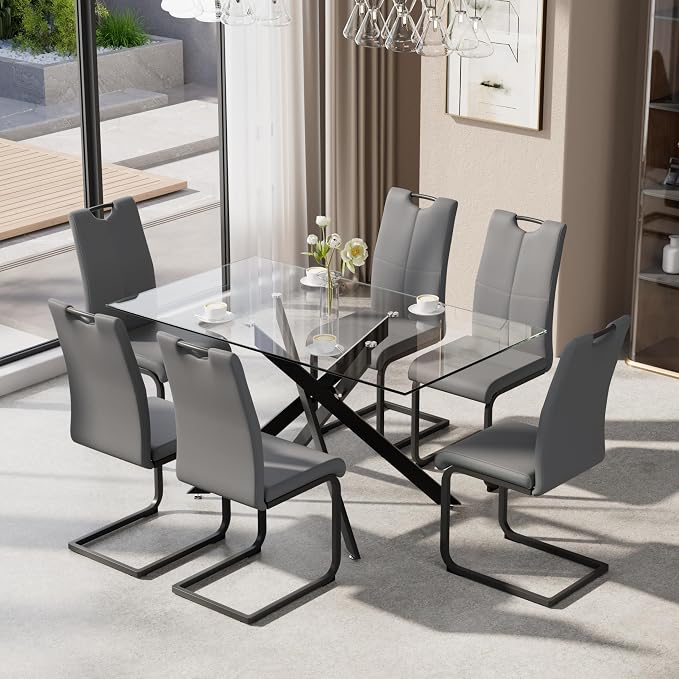 7-Piece Dining Table Set for 6, Modern Rectangular Glass Table by KATBOCFurniture