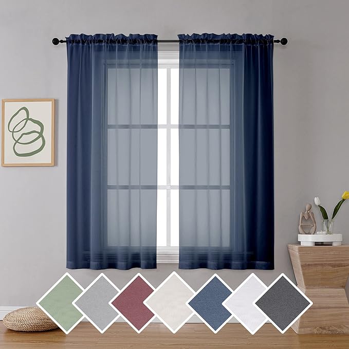 Navy Blue Sheer Curtains 2 Panels by OVZME