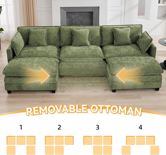111'' Sectional Cloud Deep Seat Couch, Oversized Chenille U Shaped Sectional - Image 6