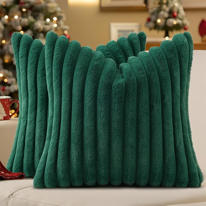 decorUhome Fall Faux Fur Throw Pillow Covers 24x24 Set of 2 Christmas Green | by decorUhome