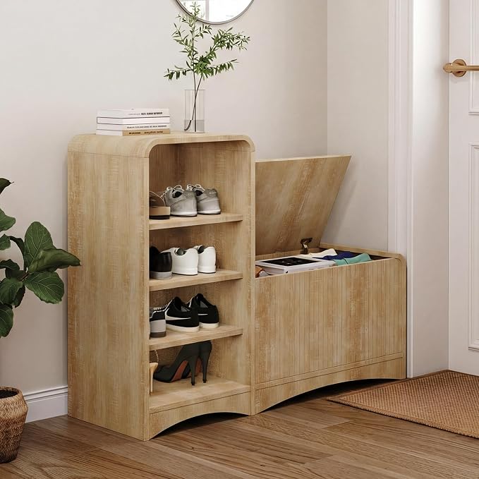 Shoe Cabinet with Bench, L-Shaped Shoe Storage Cabinet, Wood Tall Shoe Rack - Image 2