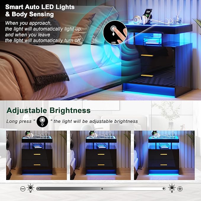HNEBC LED Nightstand with Charging Station High Gloss Bedside Table with 2 - Image 4