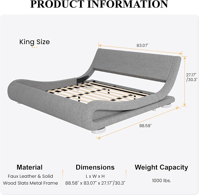 SHA CERLIN King Size Upholstered Bed Frame, Deluxe Low Profile Sleigh Bed - Image 2