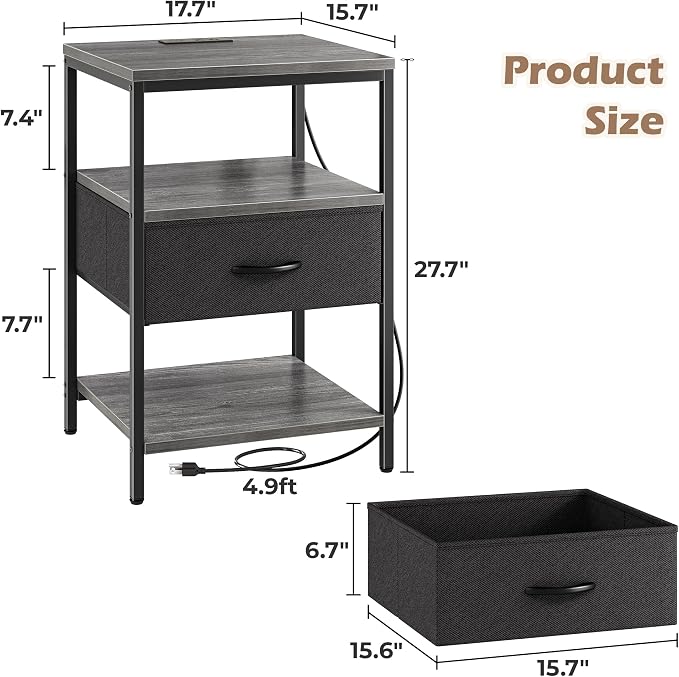 SUPERJARE Night Stand with Charger Station, 27.7 Inch Tall Nightstand with - Image 3