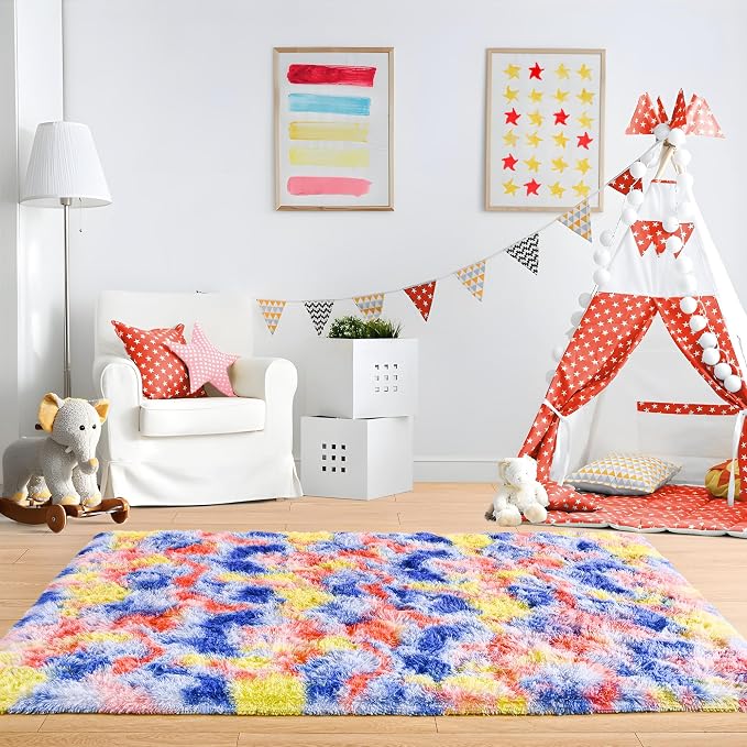 3x5 Tie-Dyed Blue Red Yellow Fluffy Soft Area Rug Non-Slip - Image 6