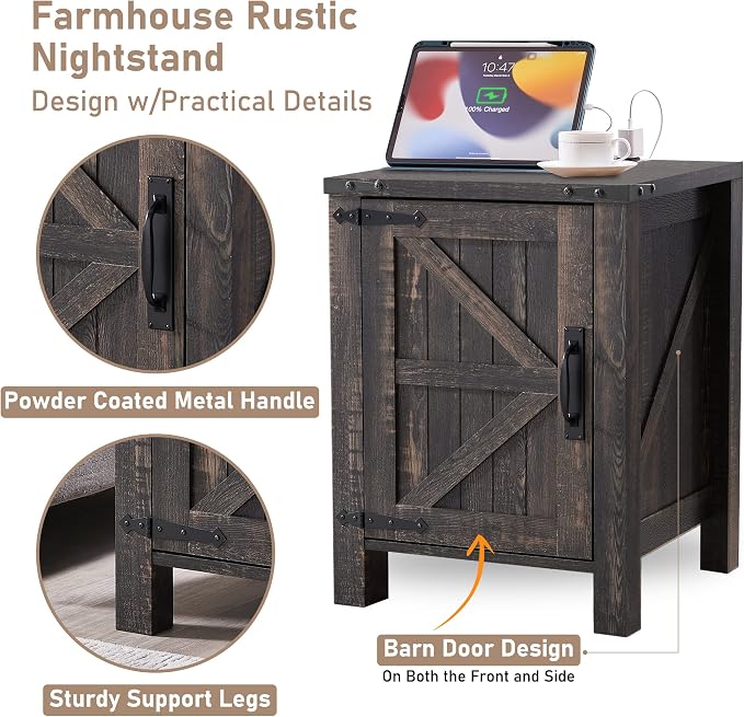 OKD Nightstand with Charging Station, 18 Inch Farmhouse End Table with Barn - Image 6