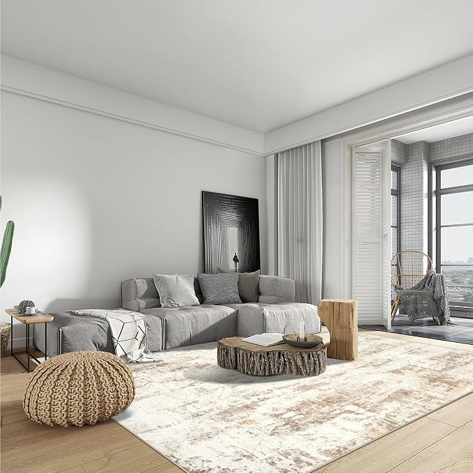 5x7 Area Rugs for Living Room: Washable Abstract Beige Grey Badroom Carpet | - Image 4
