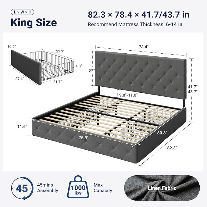 Allewie Upholstered King Size Platform Bed Frame - Image 2