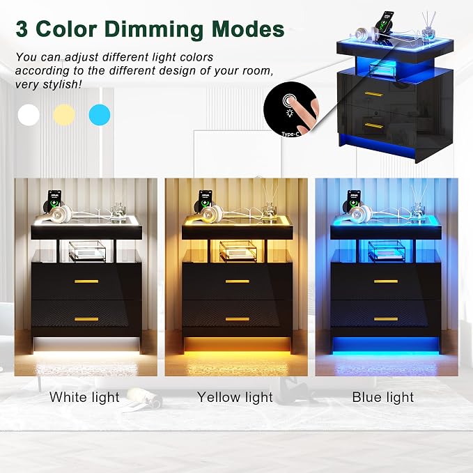 HNEBC LED Nightstand with Charging Station High Gloss Bedside Table with 2 - Image 5
