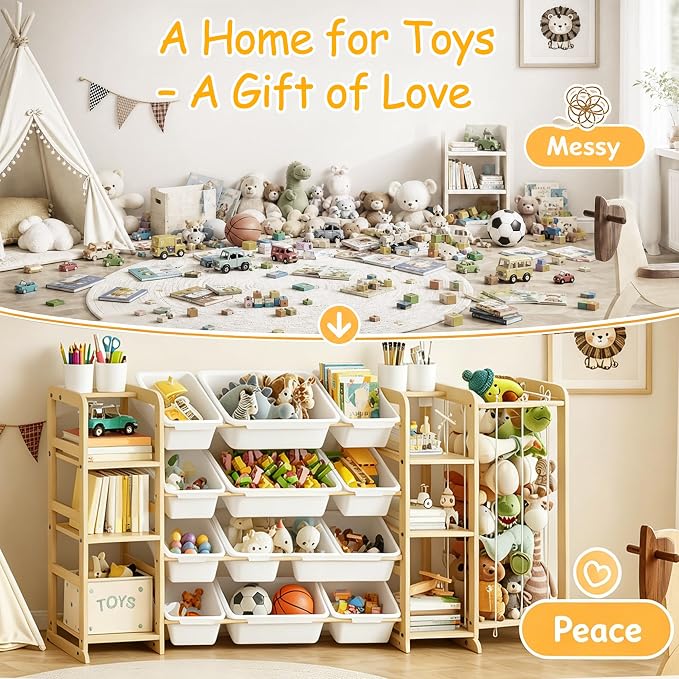 Toy Storage Shelf 3-in-1 Bookshelf & Stuffed Animal Storage & 12 Plastic Bins - Image 4