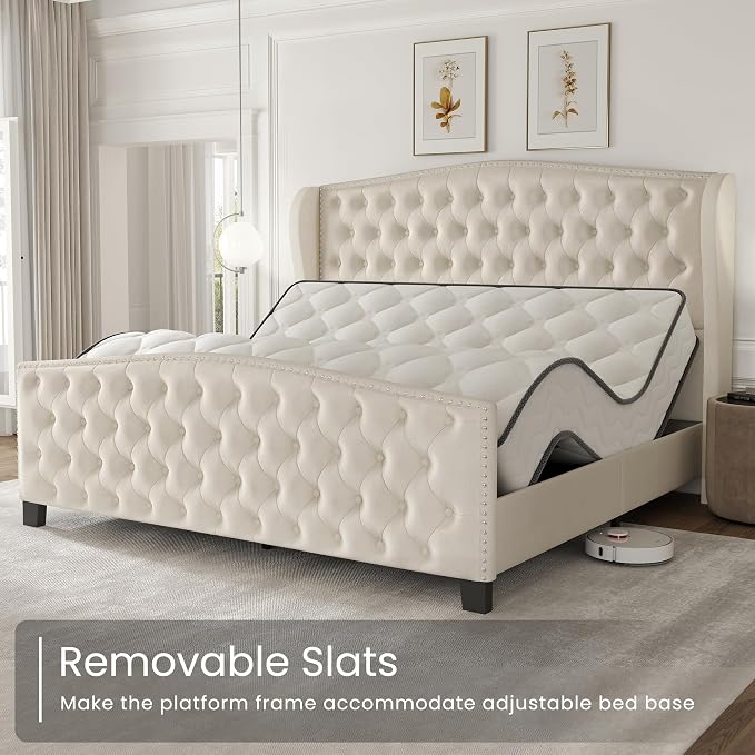 LARMACE King Size Bed Frame Velvet Upholstered Platform Bed - Image 9