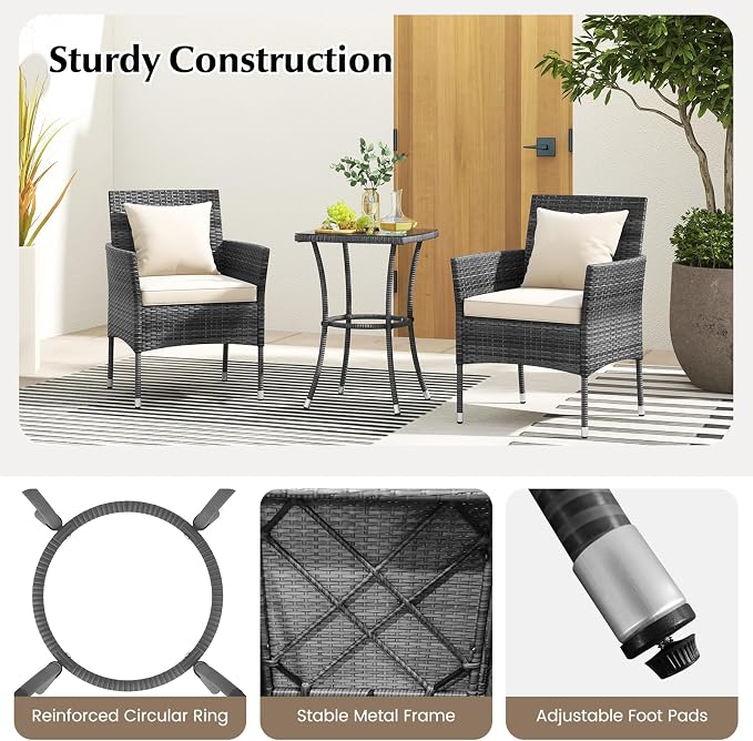 Tangkula 3-Piece Patio Furniture Set, PE Wicker Conversation Bistro Set w/A - Image 9