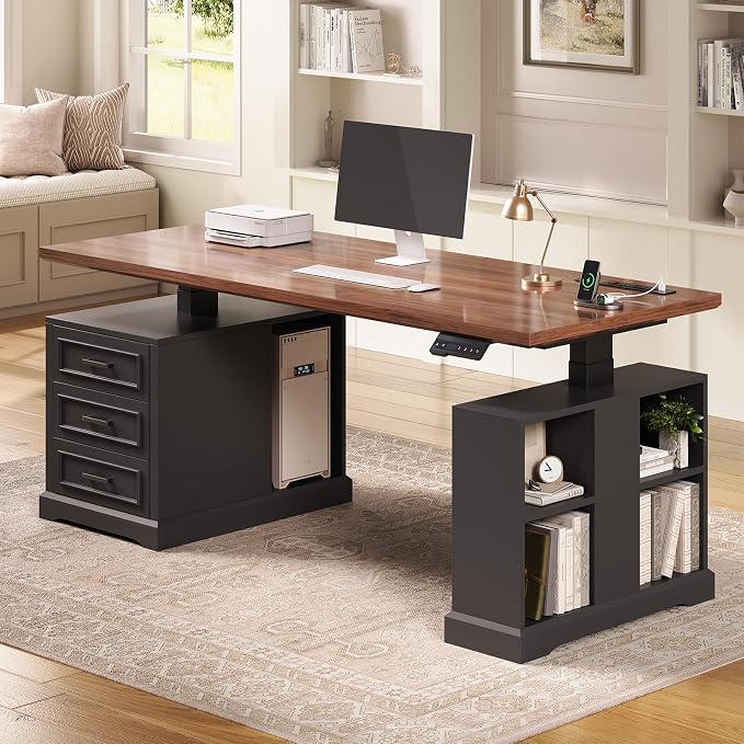 SEDETA Farmhouse Electric Standing Desk, Storage Shelves, Power Outlets - Image 8