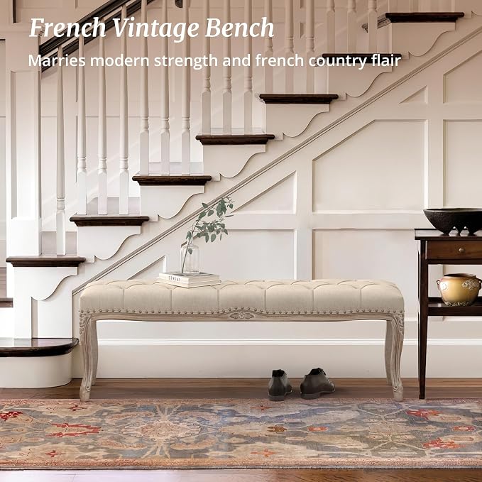 Cozyman Bedroom Bench, French Vintage Tufted Entryway 52.5" Carving Upholstered - Image 7