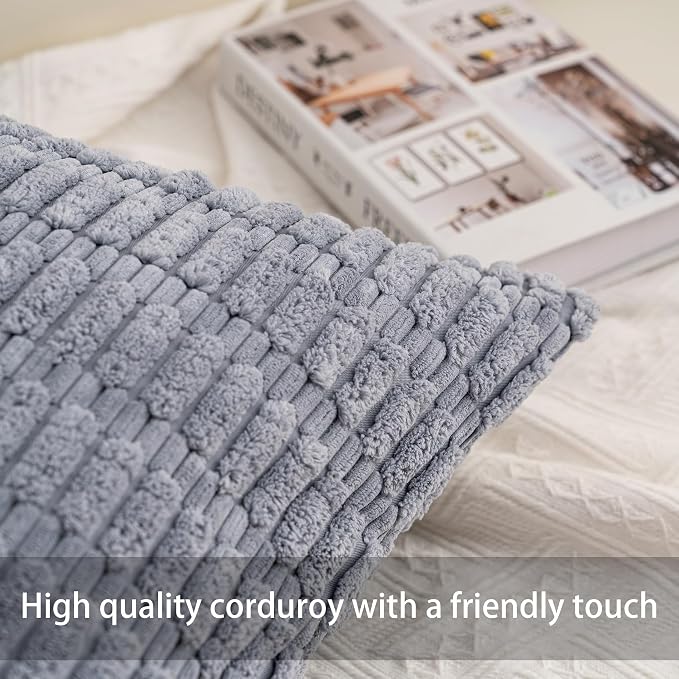 Pack of 2 Corduroy Decorative Throw Pillow Covers 22x22 Inch, Light Grey | Fall - Image 2