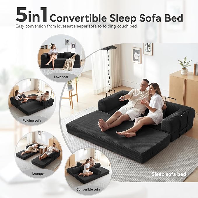 Convertible Sleeper Bed with 2 Cylindrical Pillow, Comfy Foldable Bed - Image 6